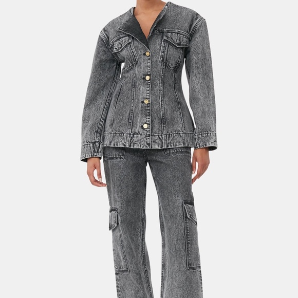 ganni | snow washed denim fitted blazer | size: us 22 - Picture 1 of 6